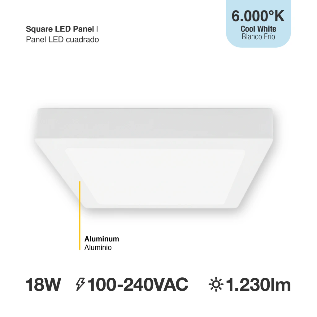 Plafón LED cuadrado 18W – 21×21 cm – 1230 lm – Luz fría (6000–6500 K) APL-07CW-B2