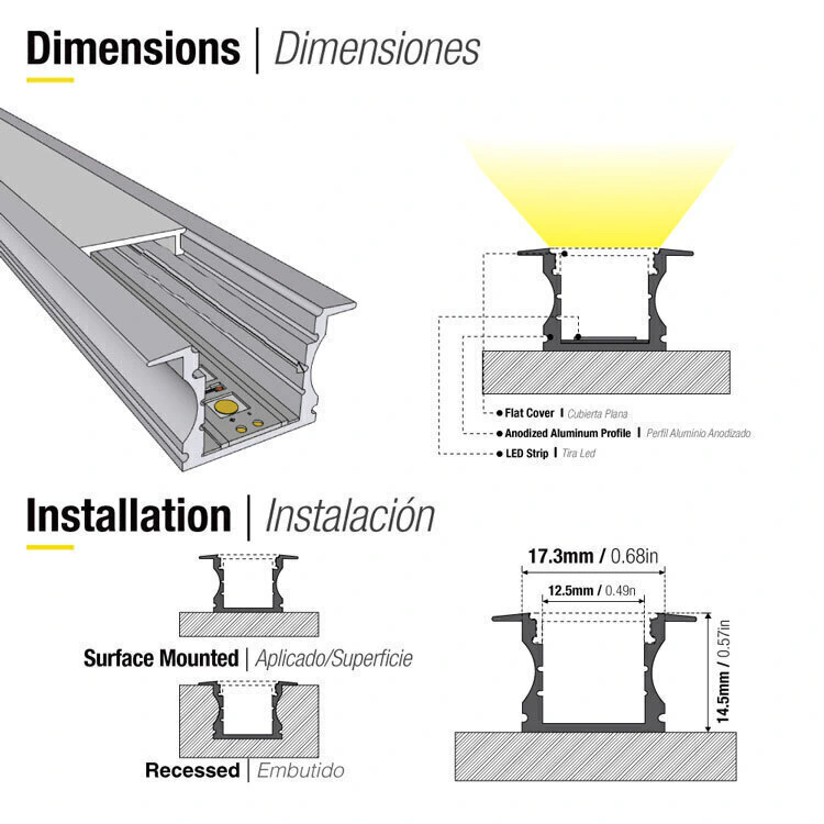 Perfil de Aluminio para Embutir, Anodizado, Difusor Opal Blanco, 15x17mm, 1m. PER-14-1M-N1 - Imagen 3