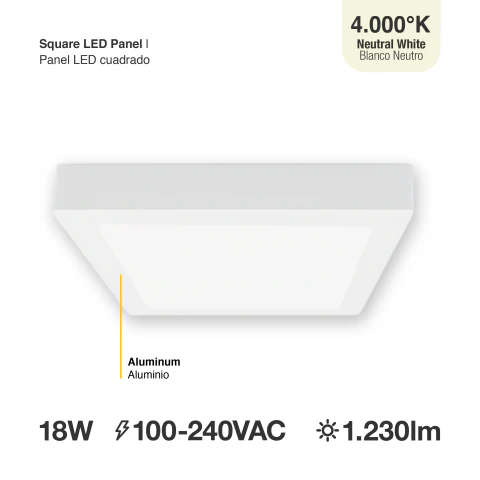 Plafón LED cuadrado 21,3 × 21,3 cm – 18 W – 1230 lm – Blanco neutro (4000 K) APL-07NW-B2