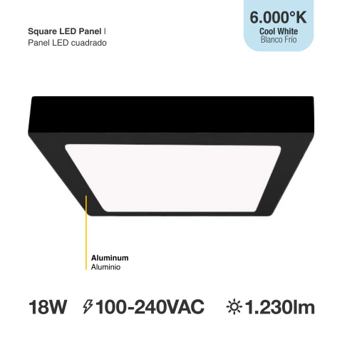 Plafón LED cuadrado negro 21,3 × 21,3 cm – 18 W – 1230 lm – Blanco frío (6000–6500 K) APL-07CW-B2-NE