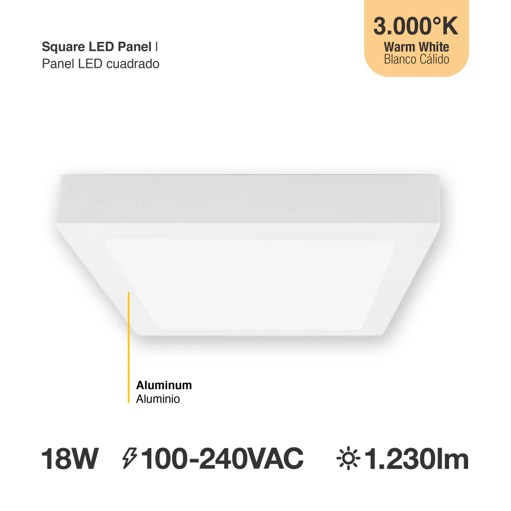 Plafón LED cuadrado blanco 21,3 × 21,3 cm – 18 W – 1230 lm – Blanco cálido (3000–3500 K) APL-07WW-B2 - Imagen 2